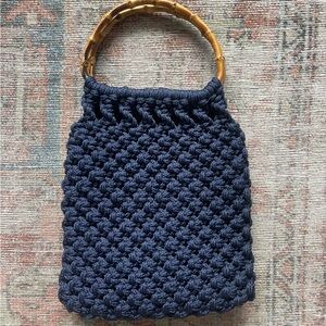 Navy Blue Knitted Handbag with Bamboo Handle